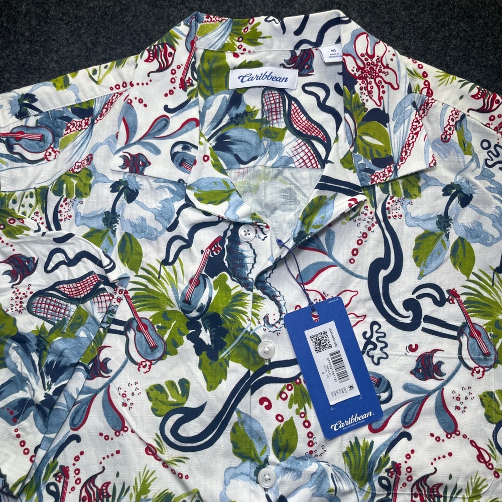 Caribbean Button Down Men M White New Tropical Guitar Seahorse Rayon Shirt